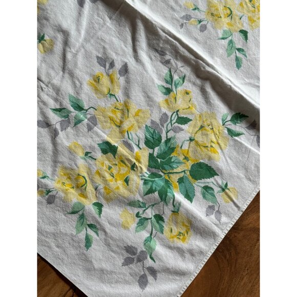Vintage Cotton Floral Tablecloth  Yellow Roses & Green Leaves  31" Square - Picture 2 of 7